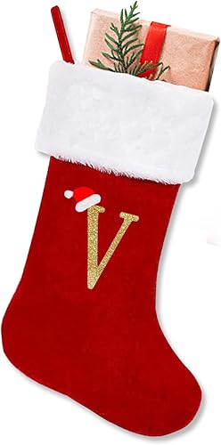 ALIBBON Medias de Navidad con monograma de 20 pulgadas con iniciales, medias grandes de terciopelo rojo con puño de felpa blanca súper suave, medias