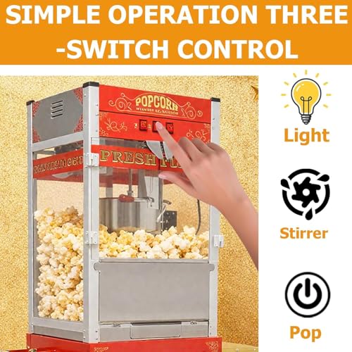 Image of Commercial Popcorn Machine with Cart & Wheels - Popcorn Maker with 26OZ Stainless Steel Kettle, Pop corn Machine Maker for Home, Parties, Movie Theater, Red
