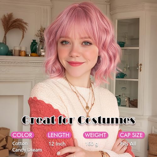 SOFEIYAN Short Wavy Pink Wig - 12 Inch Bob Wig with Bangs for Women Curly Shoulder Length Bob Wig with Bangs Soft Synthetic Hair Wigs for Girls Daily Costume Halloween Party Use by SOFEIYAN - Image 3