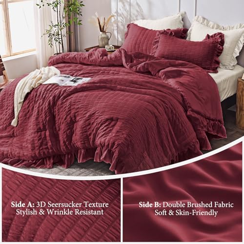 Image of JOLLYVOGUE King Size Comforter Set, 3 Pieces Burgundy Seersucker Comforters King Size, Lightweight & Fluffy Bedding Sets King for All Season with 1 Ruffle Comforter and 2 Ruffle Pillowshams