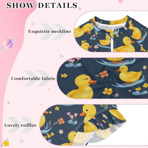 Duck Flower Pattern Girls Long Sleeve Swimsuit Rash Guard One Piece Bathing Suits Zipper 3-12T4