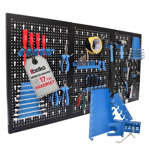 Panorama24 Dreiteilige Werkzeuglochwand Blau aus Metall mit 17tlg. Hakenset, ca. 120 x 60 x 1,5 cm