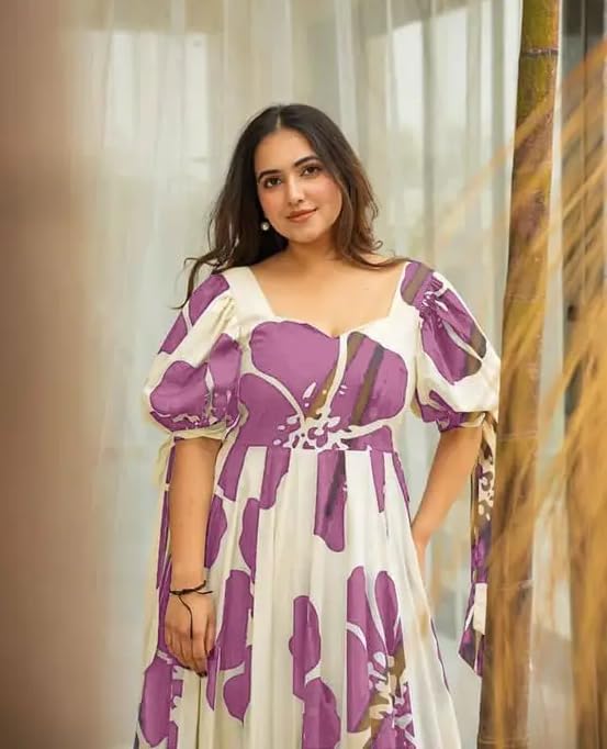 Image of Women Floral Printed Tiered Maxi Dress with Puff Sleeves, Empire Waist, Tie-Up Detail, Flared Long Dress for Casual Wear, Summer Outings, Vacation & Resort Wear - Causal Gown for Women