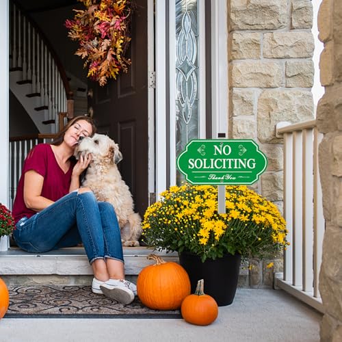 Image of Heavy Duty No Soliciting Sign for House - All Metal Construction No Soliciting Yard Sign - 14 inch x 7 inch - Aluminum - with 28 inch Long Stake (Green)