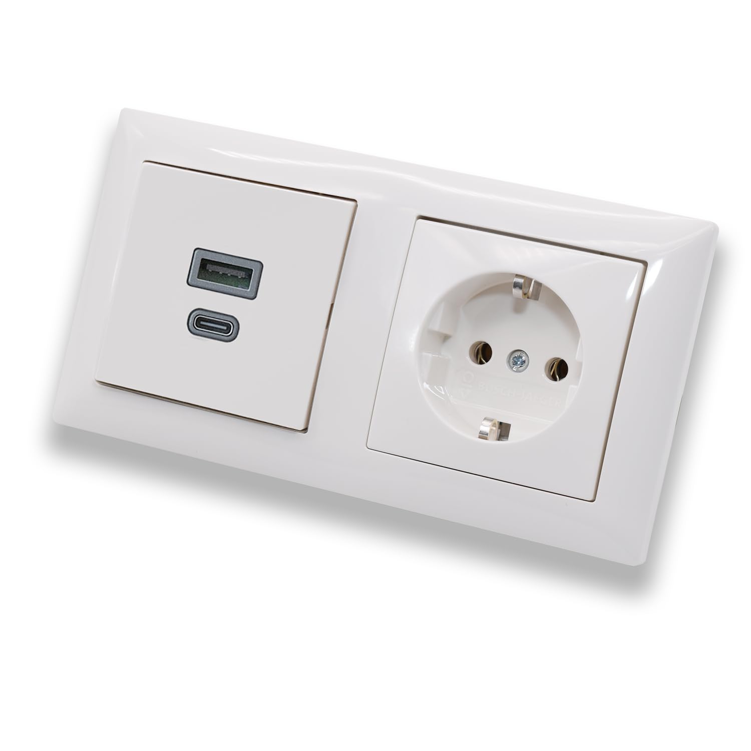 EBROM USB-C i USB-A podtynkowe gniazdko/ładowarka, moc 45 + 15 W – funkcja szybkiego ładowania urządzeń do noszenia, smartfonów i tabletów z gniazdem Busch 20EUC-914 w kolorze bieli alpejskiej