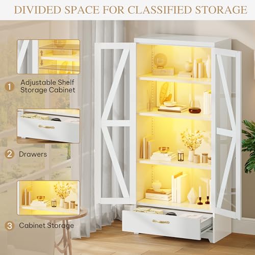DWVO Display Cabinet with LED Lights, 61" Metal Display Case with Glass Barn Doors for Collectibles, Organizer Cabinet with 3 Adjustable Shelves and Drawer for Living Bedroom, Office, White