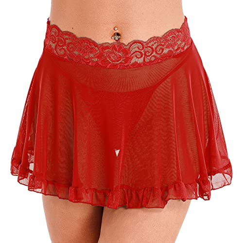 dPois Sexy Jupe de Bain Femme Mini Jupe Courte Bikini Lingerie Erothique Sexy Cover Up Jupe Transparente Bas de Maillots de Bain avec String Nuisette S-5XL A Rouge XXL Cover