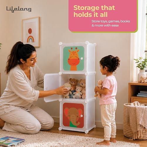 Image of Lifelong Kids Storage Cabinet Organizer | 3 Racks for Organized Storage | Multipurpose Wardrobe for Kids Clothes, Toys & Books | Lightweight, Portable & Spacious Shelf for Home Use (LLHSRK02, White)