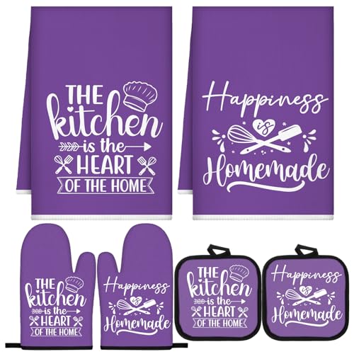 Sratte 6 Pcs Kitchen Decor Accessories Set Farmhouse Towels Pot Holders Oven Mitts Set 2 Dish Towels 2 Potholders 2 Cooking Mittens Oven Glove for Christmas Baking Cooking (Purple Kitchen)