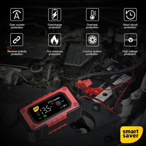 Image of Smart Saver Car Battery Charger, 12V 7A Smart Battery Charger for Cars, Bikes, Trucks Batteries and Maintainer with Repair Mode Compatible with LiFePO4, SLA, Gel, AGM and Wet Cell Batteries