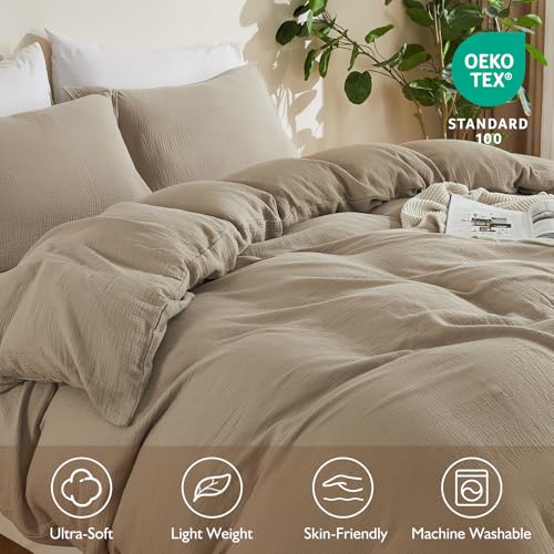 Image of EMME Muslin Cotton Duvet Cover Set Khaki King Size Linen Like Soft Breathable Lightweight Summer Comforter Cover Set with Zipper Closure (Khaki, King, 104 inchx90 inch)