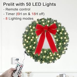 24in Pre Lit Christmas Wreath with Lights & Timer & Remote - 50 LEDs, 8 Lighting Modes -Lighted Christmas Wreath for Front Door with Hanger & Red Bow for Christmas Decorations 24in Pre Lit Christmas Wreath with Lights Timer Remote 50 LEDs 8 Lighting Modes Lighted Christmas Wreath for Front Door with Hanger Red Bow for Christmas Decorations