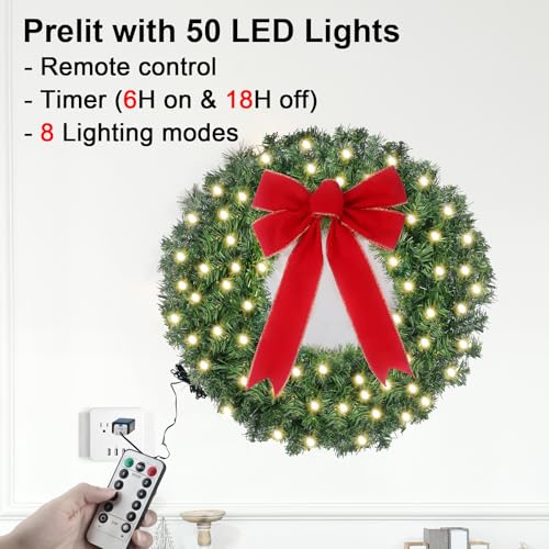 24in-Pre-Lit-Christmas-Wreath-with-Lights-Timer-Remote-50-LEDs-8-Lighting-Modes-Lighted-Christmas-Wreath-for-Front-Door-with-Hanger-Red-Bow-for-Christmas-Decorations 24in Pre Lit Christmas Wreath with Lights Timer Remote 50 LEDs 8 Lighting Modes Lighted Christmas Wreath for Front Door with Hanger Red Bow for Christmas Decorations