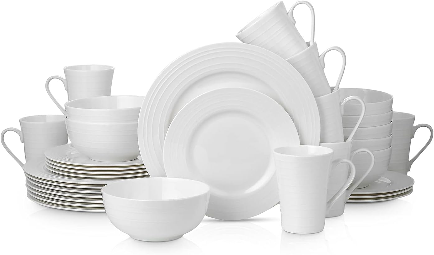 Stone lain Bone China Round Swirl Design 32 Piece Dinnerware Set, White