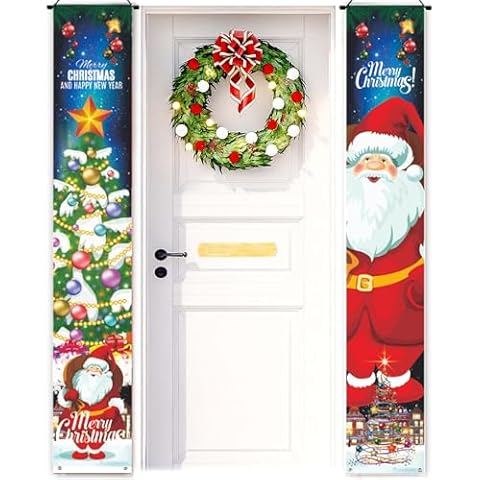 Christmas Decorations Outdoor Yard Door Banner, Cute Red White Santa Snow Chirstmas Tree Front Porch Sign, Hanging Merry Christmas Decorations for Home Santa Claus Xmas Tree Cover