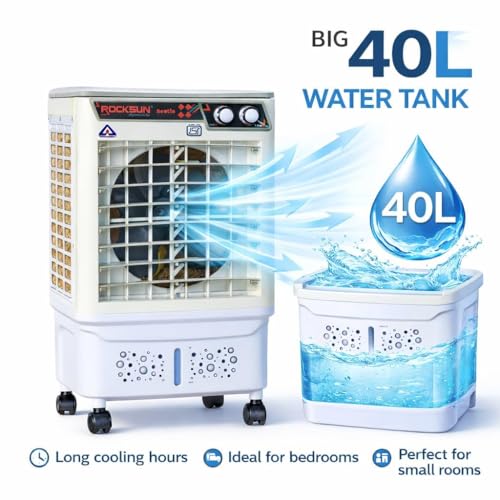 Image of ROCKSUN Beetle Desert Air Cooler for Room | 40L (30 Tank+10 Ice Chamber) | 12-Inch Powerful Fan | 3-Side Honeycomb Pads | Ice Chamber | Inverter Compatible | Swing Function | Portable