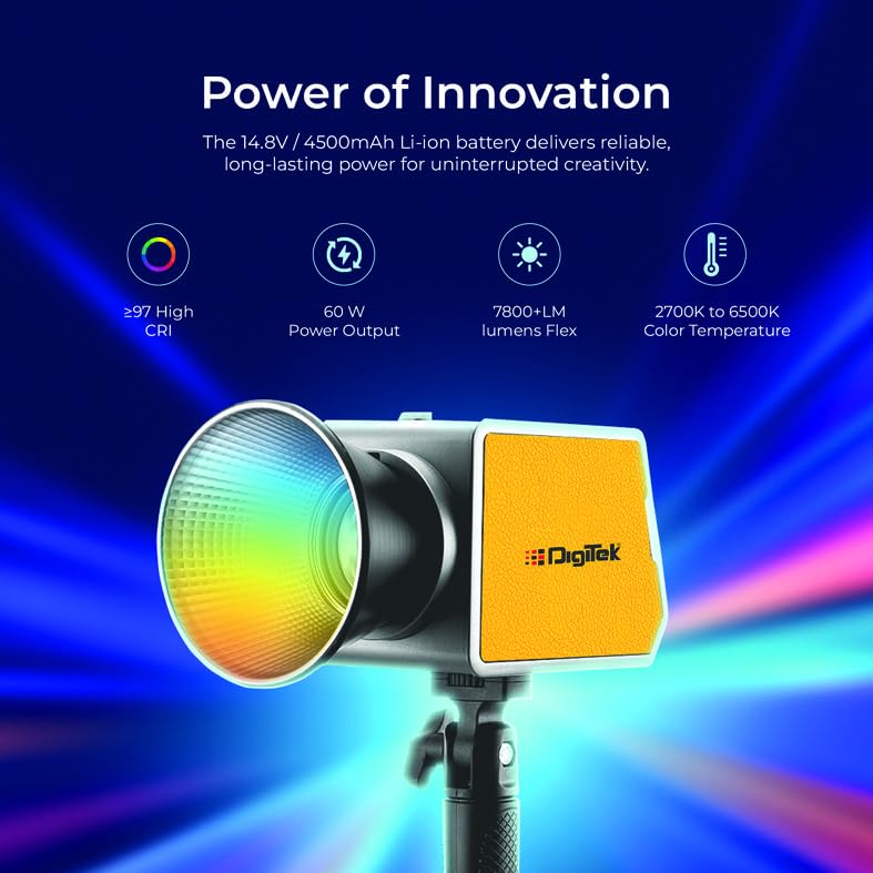 Image of DIGITEK (DCL-60W RGB) 60W RGB Continuous LED Light with Mini Bowen Mount & Reflector, 2700K-6500K Color Temp, 20FX Modes, 97+ CRI, 0-100% Brightness, APP Control, Studio Lighting for Videography