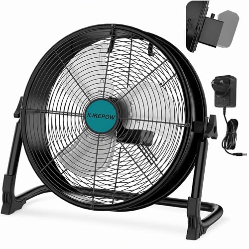 ILIKEPOW Cordless Floor Fan Compatible with Makita 18V Batteries 16 inch Portable Industrial Fan with Plug-in & Battery Dual Power and UK Plug Adapter Powerful Fan for Garage Workshop Loft & Van