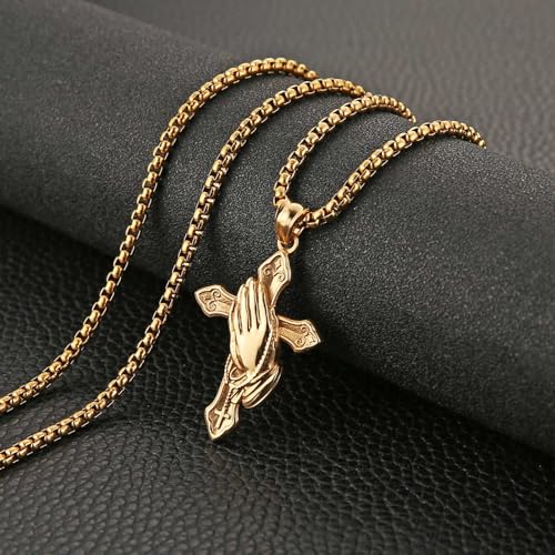HZMAN Praying Hand Cross Necklace for Men Stainless Steel Retro Small Prayer Hands Pendant Christian Jewelry Gift3