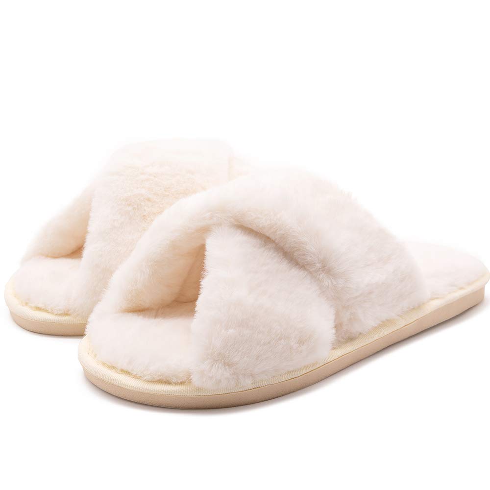 eccbox Women's Fluffy Furry Fuzzy Slippers Cross Band Soft Plush Flat Slide Memory Foam House Slippers Open Toe Comfy Spa Indoor Outdoor Slip On