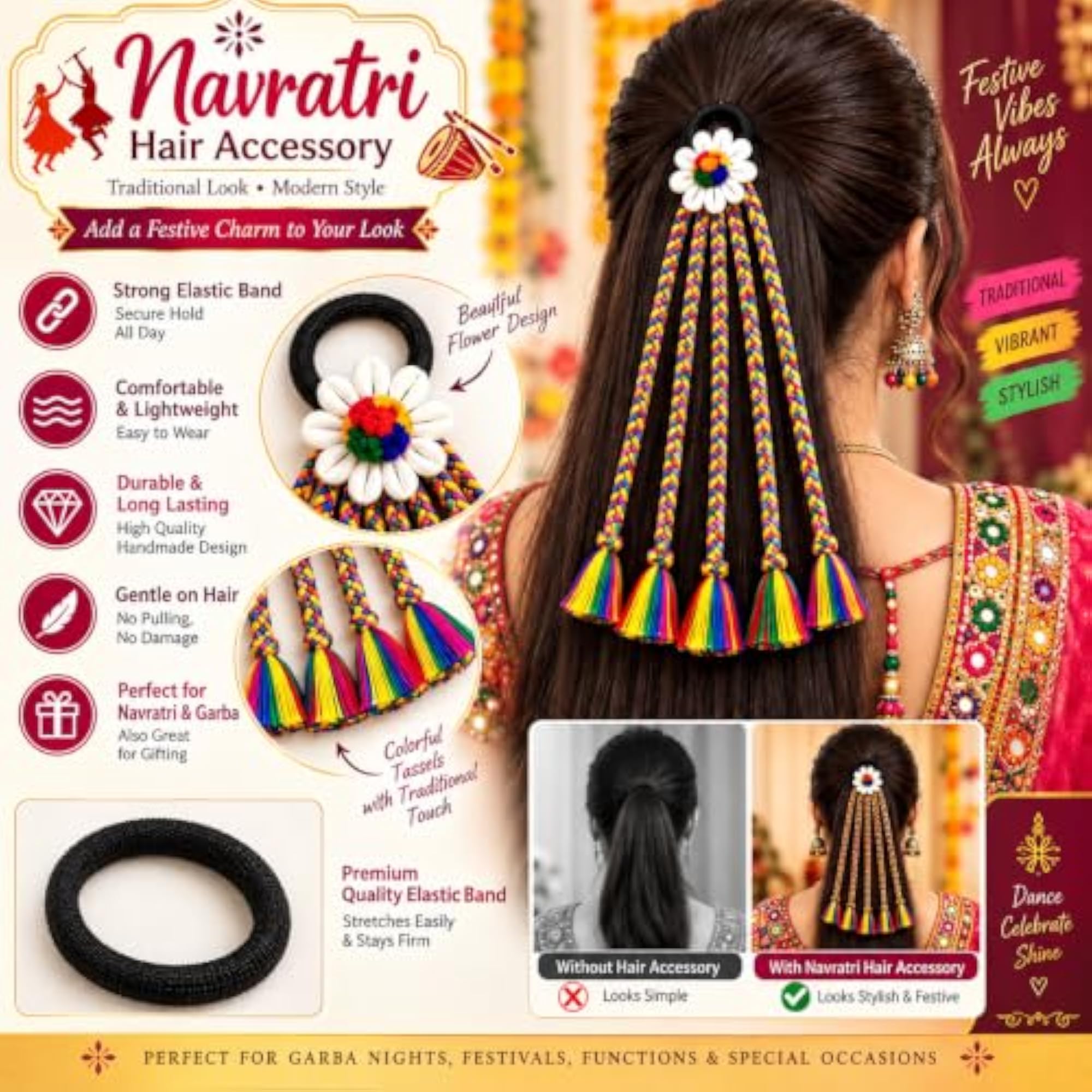 Navratri Multicolour Hair Braids Extension with Decorations