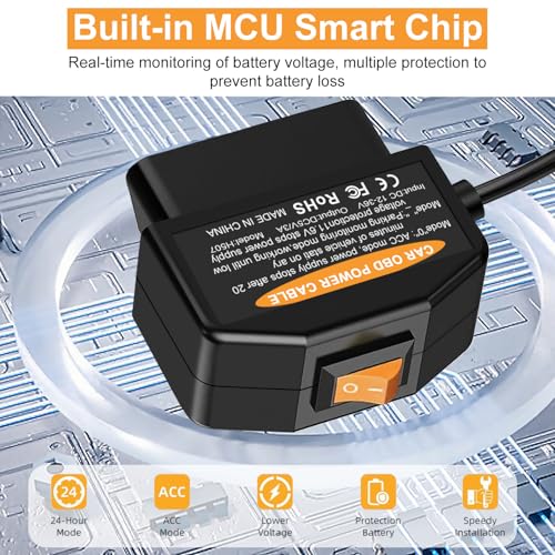 Hoembpn OBD kabel zasilający do kamery samochodowej, zestaw OBD2 do Typ C z przyciskiem włącznika, 12-36V do 5V/3A, 24-godzinna monitorowanie/tryb ACC, Nadaje się do kamery samochodowej, GPS lub