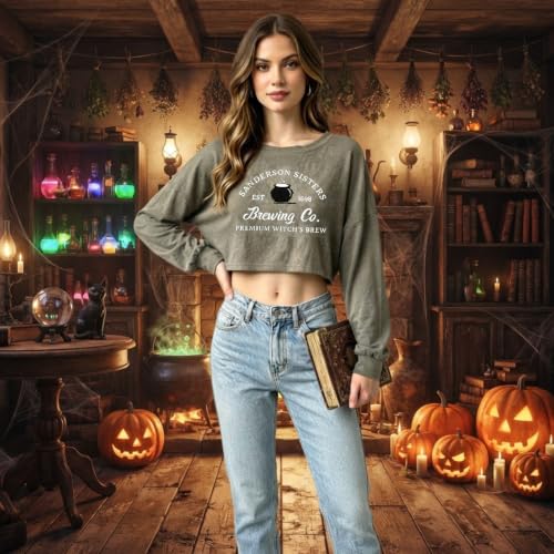Womens Halloween Crop Long Sleeve Tshirt Fall Vintage Graphic Tee Loose Top - image 2