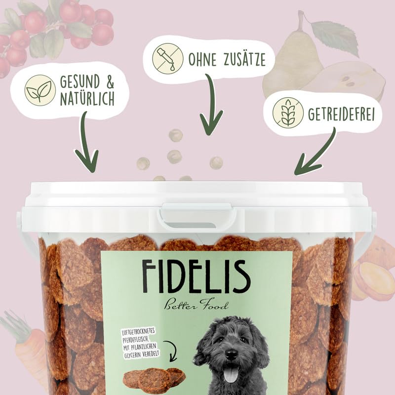 Fidelis – Pferdeburger für Hunde im wiederverschließbarem 1kg-Eimer - Luftgetrocknete Hunde Leckerlis aus 100% natürlichen Rohstoffen