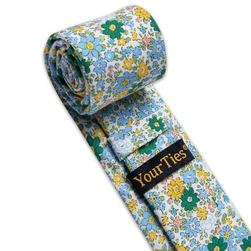 Image of YourTies Cotton Floral Tie for Men 2.5 inch Printed Skinny Necktie Pocket Square Tie Clip Set Flower Wedding Party Groom