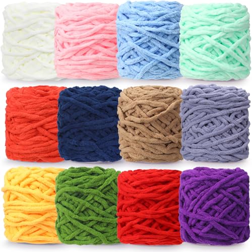 Image of Buryeah Chunky Chenille Yarn for Crocheting Soft Thick Fluffy Yarn for Hand Knitting Bulky Velvet Blanket Plush for Weaving DIY Crafts Each 3.5 oz 55 Yards(Classic Colors,12 Pack)