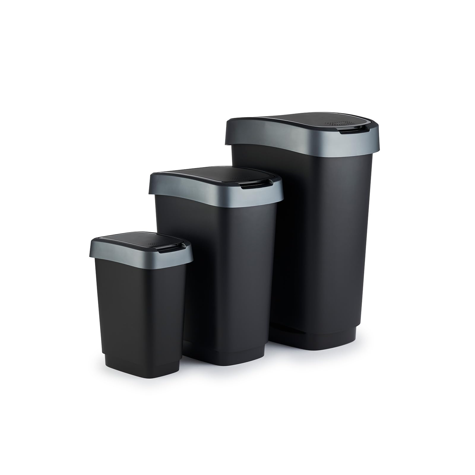 Rotho Twist waste bin set, 3 pieces, with hinged lid, BPA-free, black/silver, 10L, 25L and 50L