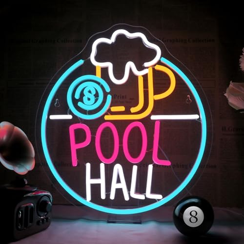 Horseneon Pool Hall Beer Neon Sign LED Light Sign Wall Decor for Pool Hall, Game Rooms, Bars, Basements & Man Caves USB Powered, Adjustable Brightness Billiards Themed Lighting