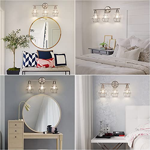 Shine Hai 3-Light Bathroom Vanity Light Fixture, Industrial Brushed Nickel Wall Sconce With Metal Cage, Farmhouse Wall Light Fixture, Vintage Wall Lamp For Dressing Table, Mirror Cabinets, Kitchen #TOP6