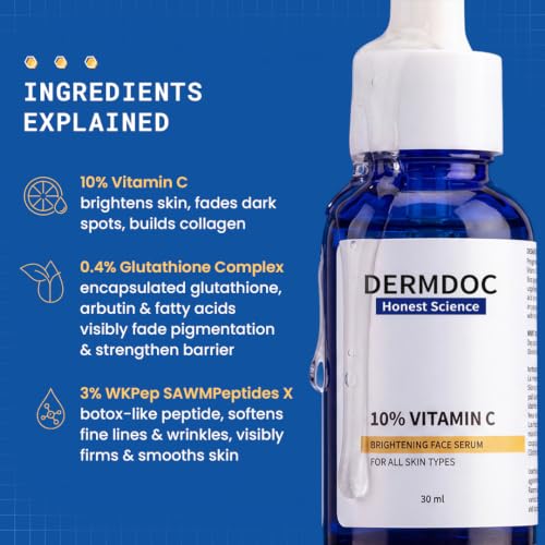 Image of DERMDOC 10% Vitamin C Brightening Face Serum - 30ml | With 0.4% Glutathione Complex Arbutin & Peptides | Reduces Dark Spot & Pigmentation | For Brighter, Even-Toned Skin | Hydrating Face Serum | All Skin Types