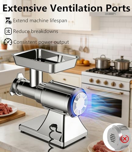 Image of #12 Electric Meat Grinder 1.3HP Grind Chicken Bones and Frozen Meat 950W | Full Stainless Steel, Home & Commercial Use, With Sausage Stuffer Tube, Large Tray, Heavy-duty, Low-Speed Grinding