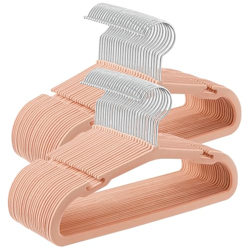 Image of SONGMICS Baby Hangers 50 Pack, 11 x 6.9 Inches, Non-Slip Velvet Kids Hangers for Closet, Space-Saving, Wide Shoulder Notches, Coral Pink UCRF037R01