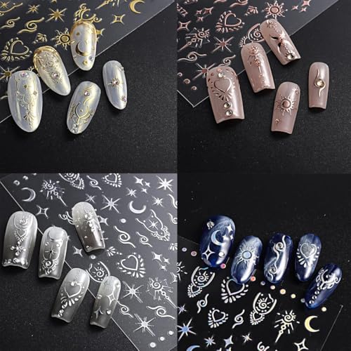 Image of MAYCREATE 12 Sheets Metallic Nail Art Stickers for Women 3D Self-Adhesive Nail Decals Star Moon Metallic Nails Design Sticker for DIY Nails Art Design Decoration Accessories | Self-Adhesive Star Moon Designs, Easy Nail Decoration, Peel and Apply, Nail Accessories for DIY Manicures