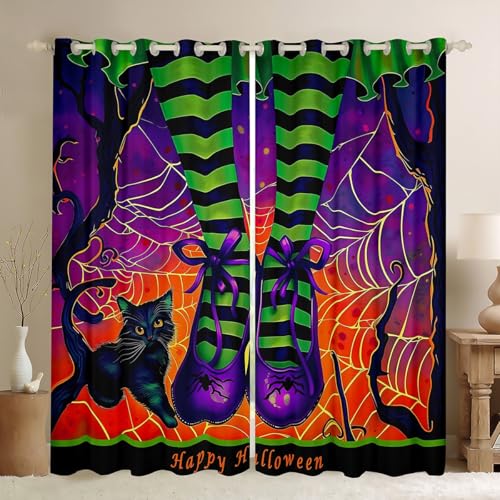 Happy Halloween Witch & Cat Window Curtains, 2 Panels, 38x54