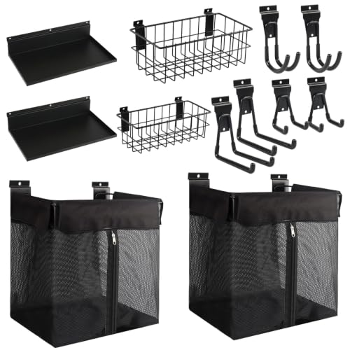 12Pcs Slatwall Baskets Kit, Slatwall Accessories Slat Wall Hooks, Shelves | Front Zipper Access, Mesh Ventilation, Sturdy Steel Frame, Tool Free Setup, For Garage Shop Gym Toy Display Home Storage