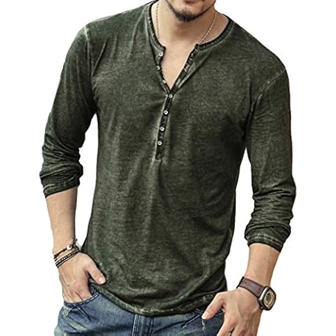 Darabun Men's Casual Henley T-Shirts - Vintage Long Sleeve Shirt Lightweight Relaxed Fit Cotton Shirt Casual Placket Round Neck Shirts Green Cover