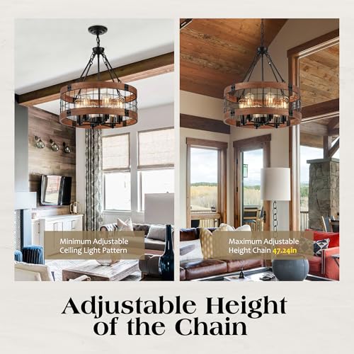6-Light Farmhouse Drum Wood Pendant Light,20.55'' Vintage Rustic Brown Oak Wood Chandeliers,Retro Industrial Hanging Light Fixtures for Dining Room Entryway, Bedroom - Image 5
