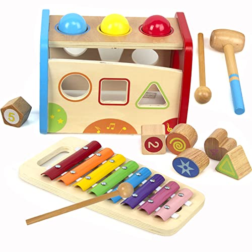 Xilofono e martello giocattolo a partire da 1 anno, 3 in 1 Montessori, giocattolo educativo in legno a partire da 1...