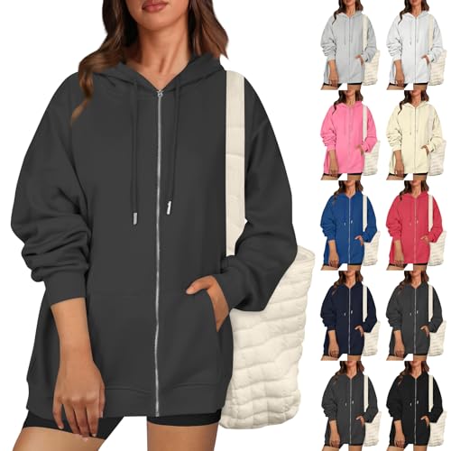 Zip Up Hoodie Women Fleece Oversized Sweatshirt Hoodies Casual Drawstring Athletic Sweat Zip Up Jackets with Pockets