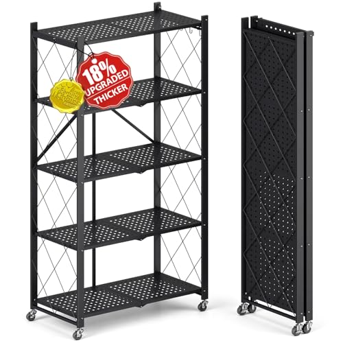 Upgraded 18% Thickened Portable 5-Tier Foldable Storage Shelves with Wheels Heavy Duty Storage Shelf Collapsible Shelves Unit Display for Garage Storage Kitchen Pantry & Closet Organizer Matte Black