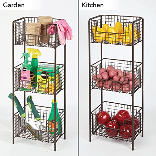 mDesign 3 Tier Vertical Standing Bathroom Shelving Unit, Decorative Metal Storage Organizer Tower Rack Center with 3 Basket Bins to Hold and Organize Bath Towels, Hand Soap, Toiletries - Bronze
