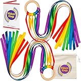 Covelico Hand Kite Ribbon Rings, Set of 2 Wooden Ring & 7 Rainbow Streamers Ribbons, Waldorf Toys in Cute Storage Bag, Kites for Kids Ages 3-5, Streamer Toy, String Toys & Dance Stocking Stuffers