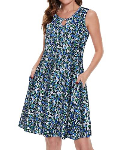 Image of Summer Dresses for Women Casual Sleeveless Sundress Floral Loose Fit Beach Cover Up with Pocket(Blue Green Floral, XL1