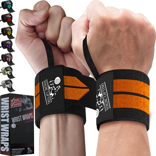 Wrist Wraps (1 Pair/2 Wraps) for Weightlifting/Cross Training/Powerlifting/Bodybuilding-Women & Men-Premium Quality Equipment & Accessories Avoid Injury During Weight Lifting-(Orange)-1 Year Warranty