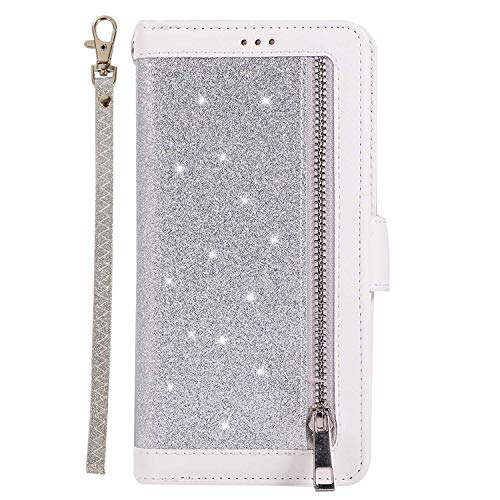 Preisvergleich Produktbild DENDICO Huawei P20 Pro Hülle Flip Glitzern Handyhülle Magnetisch Schutzhülle, Brieftasche Kartenfach Geldklammer Standfunktion für Huawei P20 Pro - Weiß