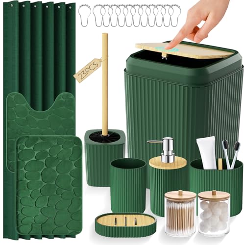 Green Bathroom Accessories Set - Bathroom Set with Shower Curtain and Rugs, Trash Can, Toilet Brush with Holder, Soap Dispenser, Toothbrush and Toothpaste Holder, Cup, Soap Dish, Qtip Holders, Hooks